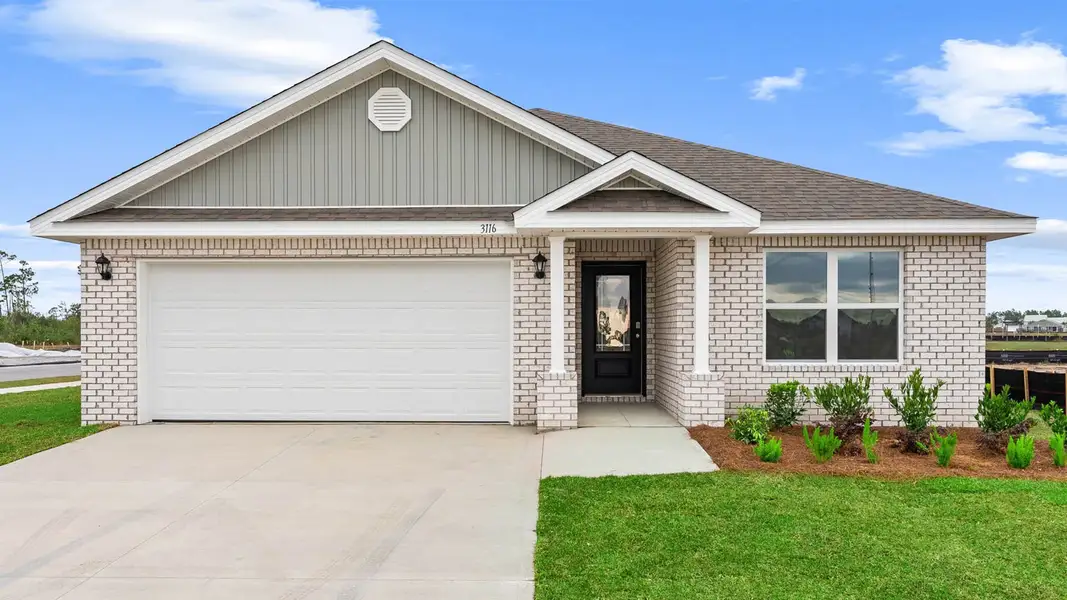 Front exterior of a new home in Hodges Bayou Plantation, Panama City, FL, highlighting curb appeal (Image 1). Front exterior of a new home in Hodges Bayou Plantation, Panama City, FL, highlighting curb appeal (Image 1).