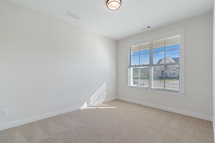 Neutral wall paint, carpeted flooring, large window with blinds, and flush mount lighting