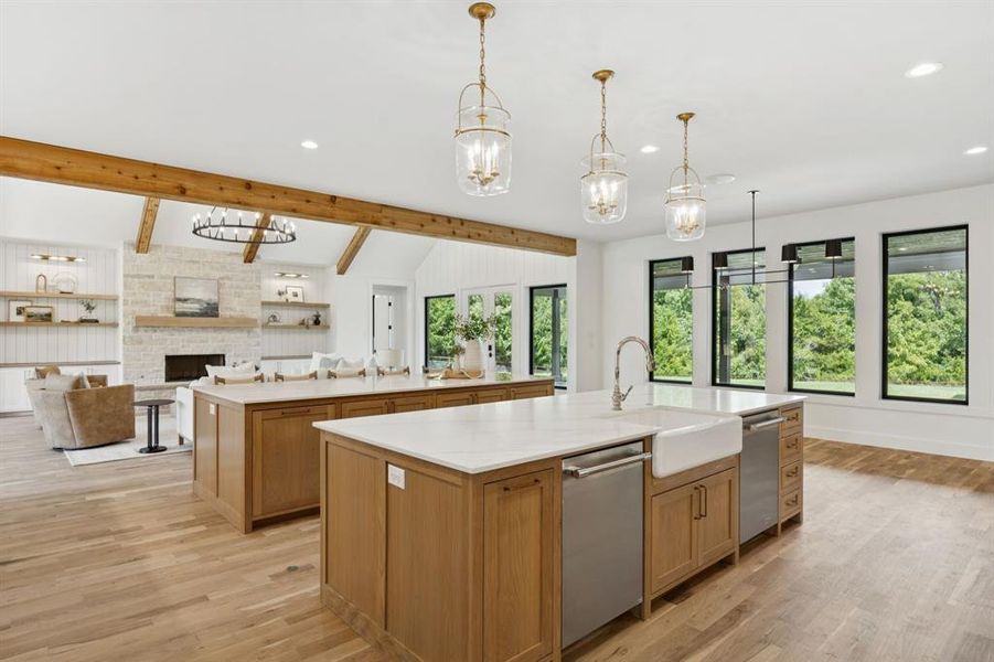 Farm sink, double dishwashers and designer lighting. Farm sink, double dishwashers and designer lighting.