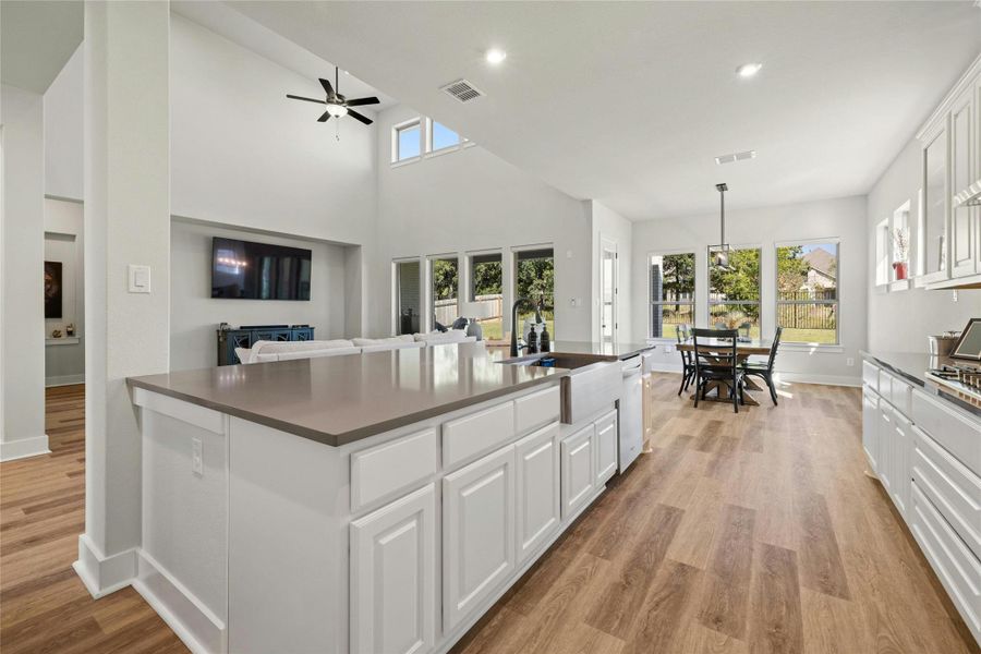 Kitchen with dishwasher, light wood finished floors, white cabinetry, dark countertops, and a ceiling fan Kitchen with dishwasher, light wood finished floors, white cabinetry, dark countertops, and a ceiling fan