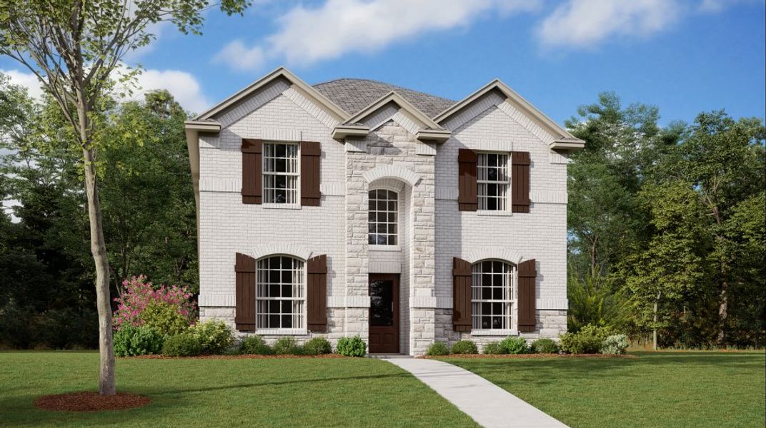 Front exterior of a new home in Solterra, Mesquite, TX, highlighting curb appeal (Image 1). Front exterior of a new home in Solterra, Mesquite, TX, highlighting curb appeal (Image 1).