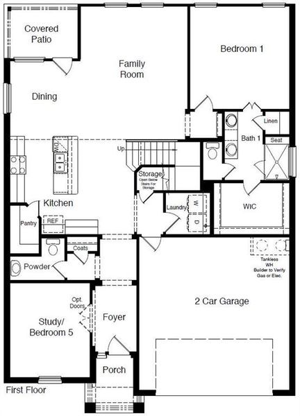 D.R. Horton's Redrock floorplan, 1st floor - All Home and community information, including pricing, included features, terms, availability and amenities, are subject to change at any time without notice or obligation. All Drawings, pictures, photographs, video, square footages, floor plans, elevations, features, colors and sizes are approximate for illustration purposes only and will vary from the homes as built.