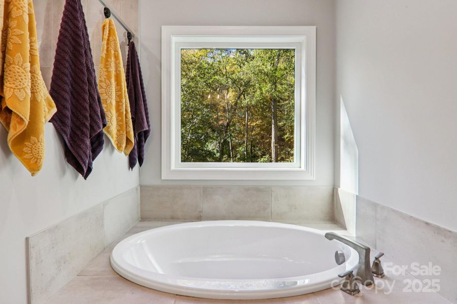 Large soaking garden tub in primary bath