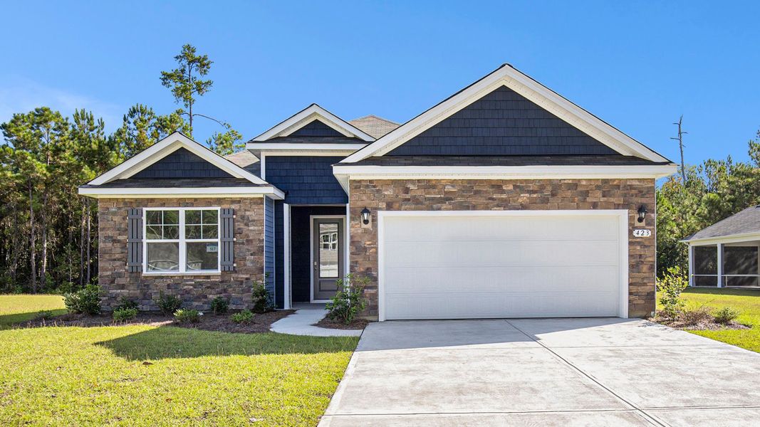 Front exterior of a new home in The Forest at Black Bear, Longs, SC, highlighting curb appeal (Image 1). Front exterior of a new home in The Forest at Black Bear, Longs, SC, highlighting curb appeal (Image 1).