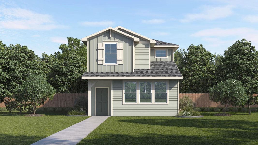 Front exterior of a new home in Valverde, Bastrop, TX, highlighting curb appeal (Image 2).