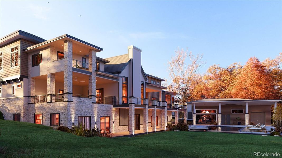 Rendering of stunning new custom estate showcasing resort style living, expertly crafted by Flatiron Development & Custom Homes.