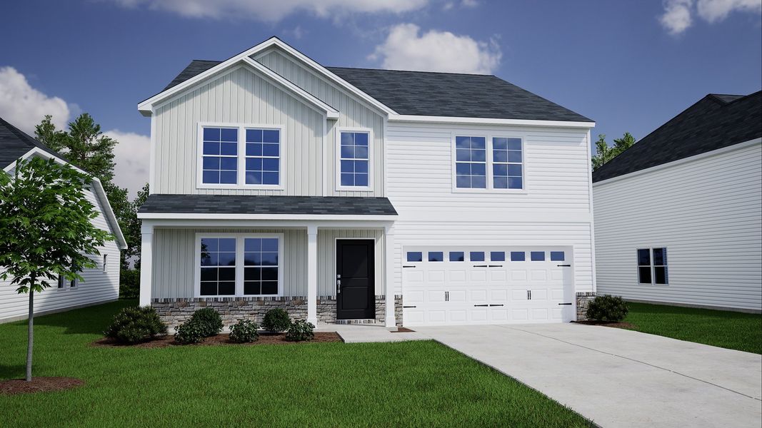 Representative exterior photo of a completed home built from the Warren - Genesis Value Collection by Mungo Homes in Meadows at Lilah Grove, Summerfield, NC (Image 5).
