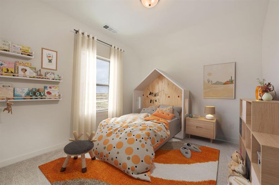 Virtually staged photo - Bedroom with carpet flooring and baseboards Virtually staged photo - Bedroom with carpet flooring and baseboards