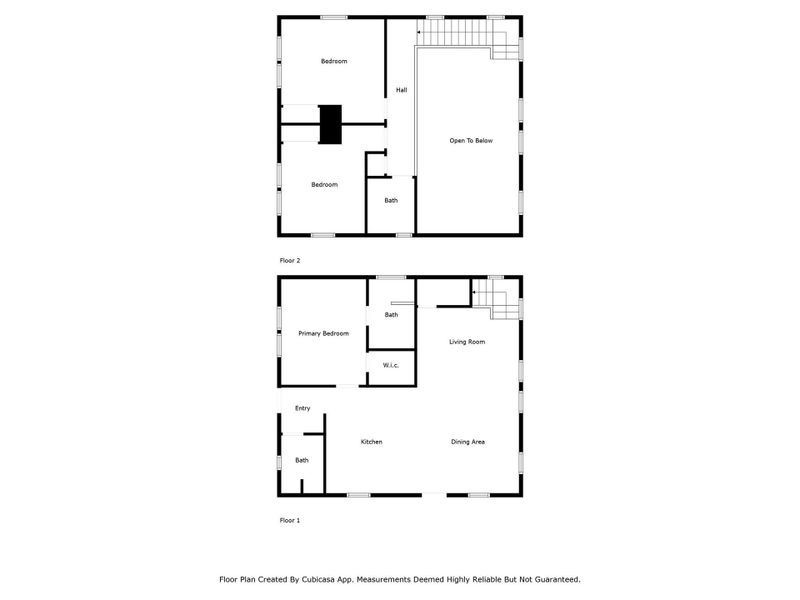 This is a two-story floor plan. The first floor features an entry, kitchen, dining area, living room, a primary bedroom with a walk-in closet, and a bath. The second floor includes two bedrooms, a bath, a hall, and an open area overlooking the lower level. This is a two-story floor plan. The first floor features an entry, kitchen, dining area, living room, a primary bedroom with a walk-in closet, and a bath. The second floor includes two bedrooms, a bath, a hall, and an open area overlooking the lower level.
