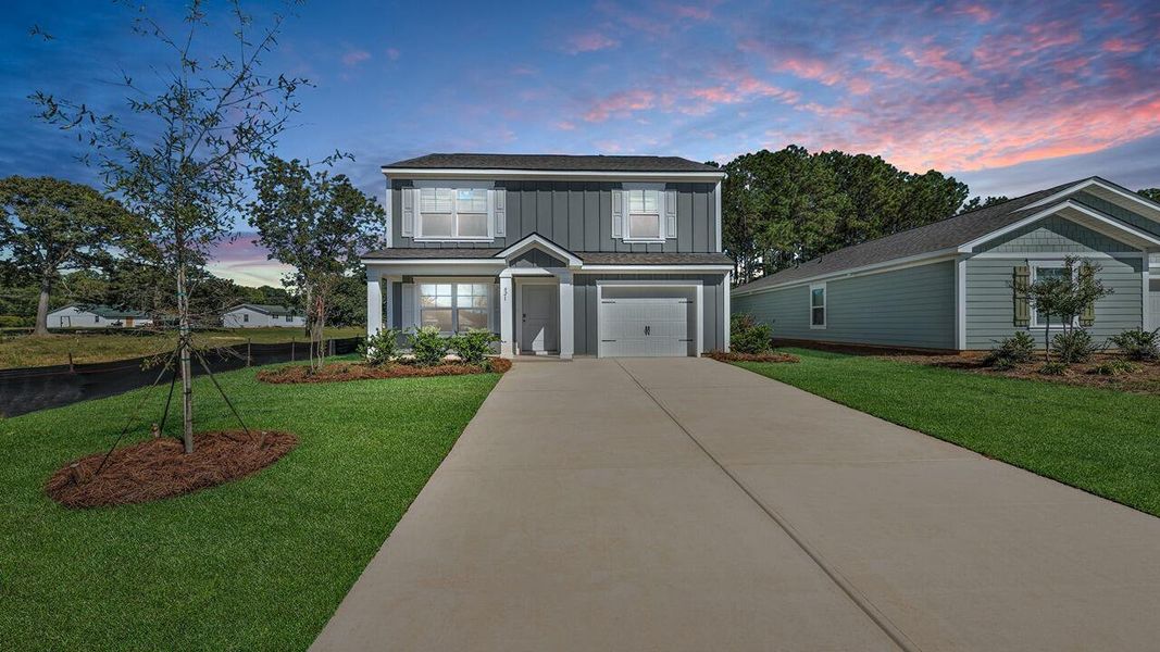 Front exterior of a new home in Center Pointe, Santee, SC, highlighting curb appeal (Image 19). Front exterior of a new home in Center Pointe, Santee, SC, highlighting curb appeal (Image 19).