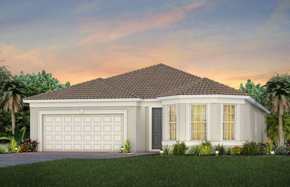 Front exterior of a new home in Del Webb Oak Creek, Fort Myers, FL, highlighting curb appeal (Image 31).
