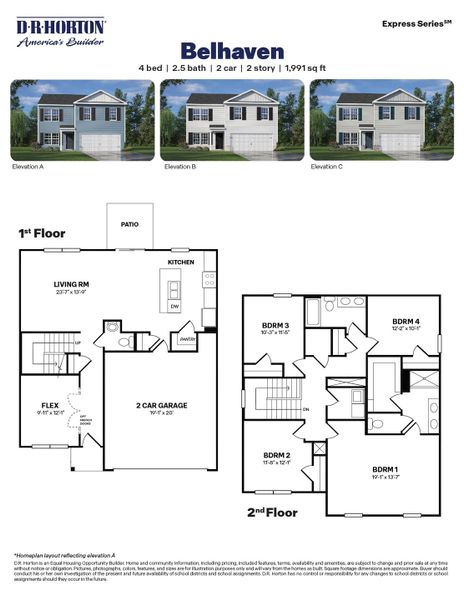 2D floor plan layout for the Belhaven by D.R. Horton in Foxtail, Yadkinville, NC (Image 3).