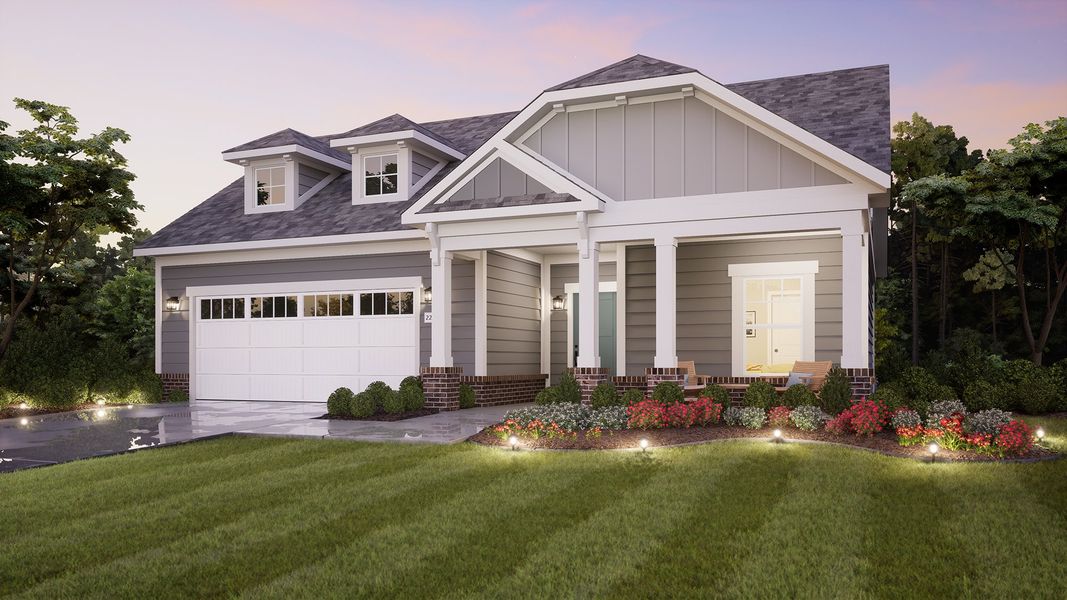 Representative exterior photo of a completed home built from the Promenade by Epcon Communities in The Courtyards at Hodges Farm, Charlotte, NC (Image 16). Representative exterior photo of a completed home built from the Promenade by Epcon Communities in The Courtyards at Hodges Farm, Charlotte, NC (Image 16).