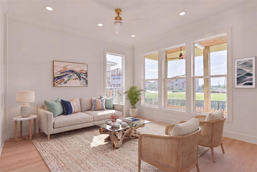 Living Room with wrap around wall of windows to maximize natural light and views. Living Room with wrap around wall of windows to maximize natural light and views.