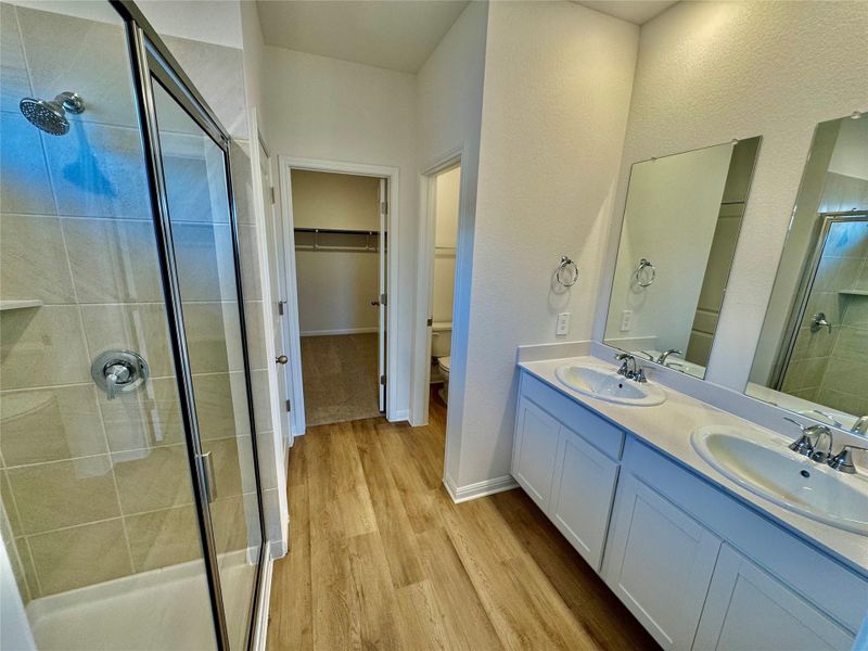 Full bath with a shower stall, light wood-type flooring, double vanity, and a walk in closet Full bath with a shower stall, light wood-type flooring, double vanity, and a walk in closet