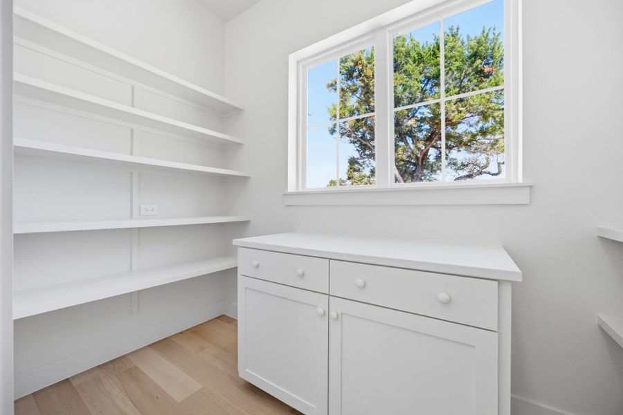 Walk in pantry with built in cabinetry and shelves