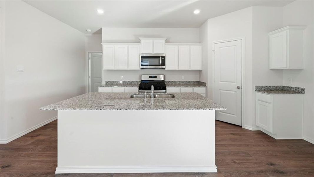 Kitchen with white cabinets, light stone countertops, stainless steel appliances, recessed lighting, and dark wood-style floors Kitchen with white cabinets, light stone countertops, stainless steel appliances, recessed lighting, and dark wood-style floors