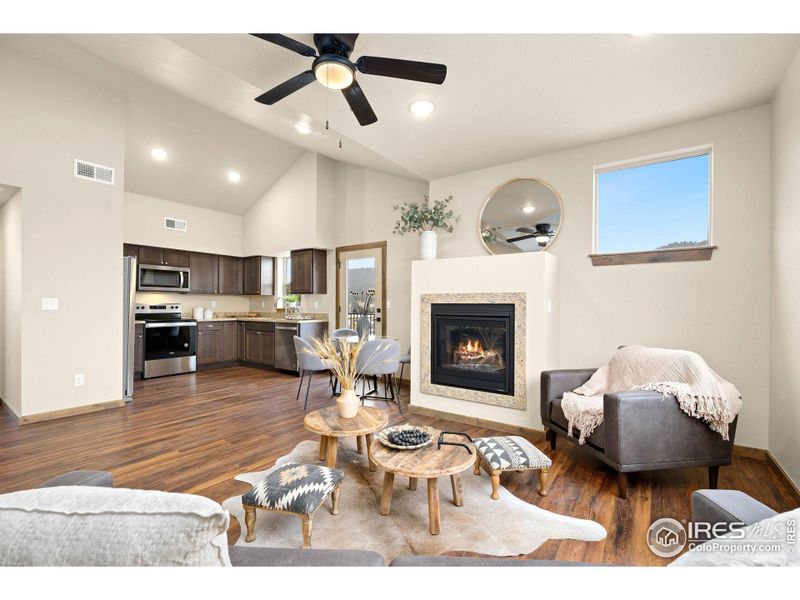 Luxury vinyl flooring and gas fireplace