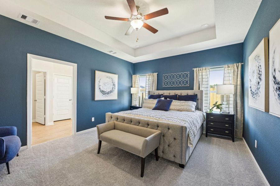 Oakshire II- Primary Bedroom. Sample image for illustration; upgrades, options, and colors may vary. Oakshire II- Primary Bedroom. Sample image for illustration; upgrades, options, and colors may vary.