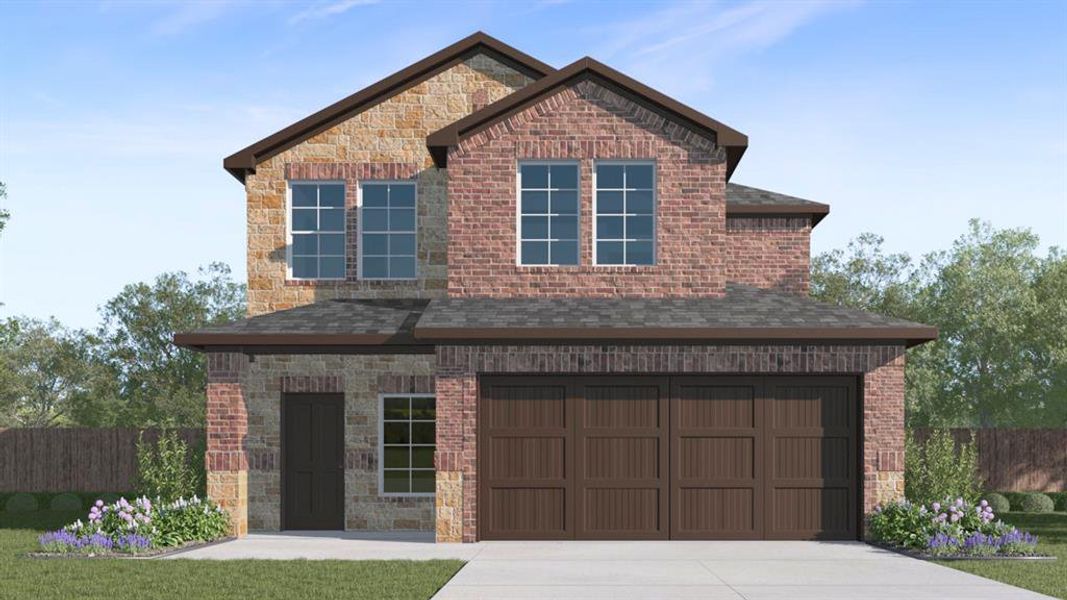 Two-story residence featuring a combination of brick and stone exterior finishes Two-story residence featuring a combination of brick and stone exterior finishes