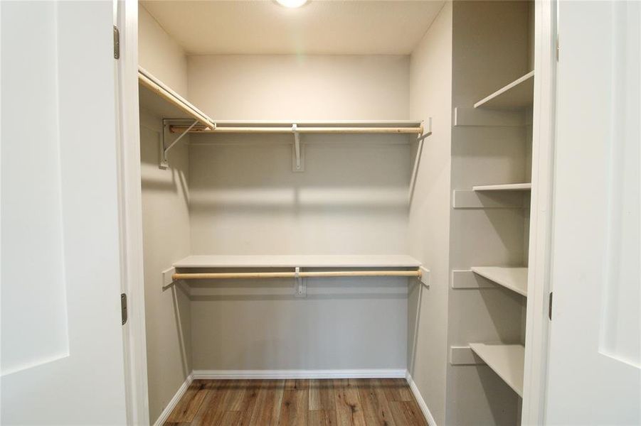 Walk in closet with wood finished floors