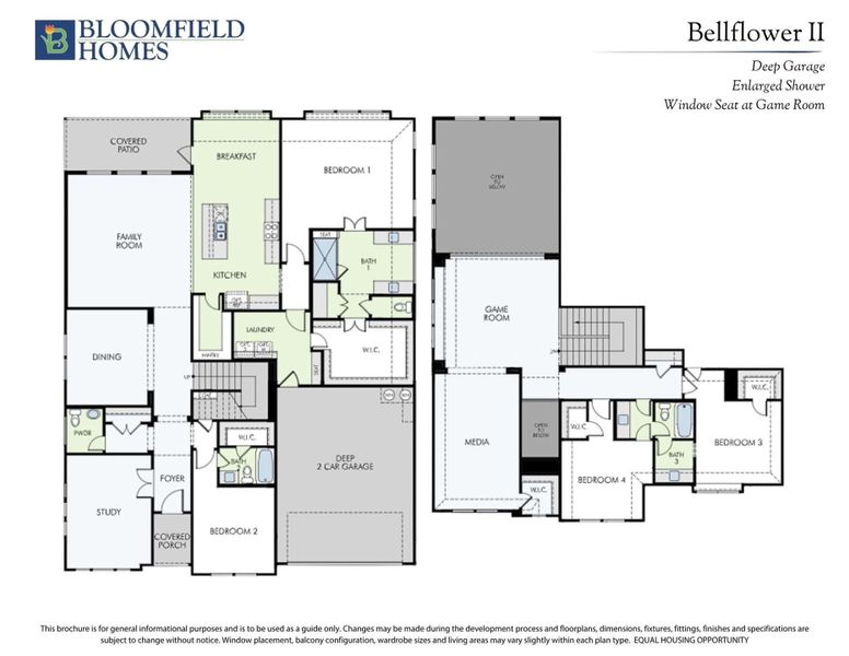 Bloomfield Homes Bellflower II two-story floor plan with 4 bedrooms, game room, media room, and deep 2-car garage. Bloomfield Homes Bellflower II two-story floor plan with 4 bedrooms, game room, media room, and deep 2-car garage.