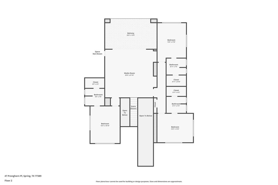 This is a floor plan for the second story of a home located at 47 Pronghorn Pl, Spring, TX. It features a spacious media room, a large balcony, two bedrooms with attached bathrooms, ample closet space, and an open area above the first floor.