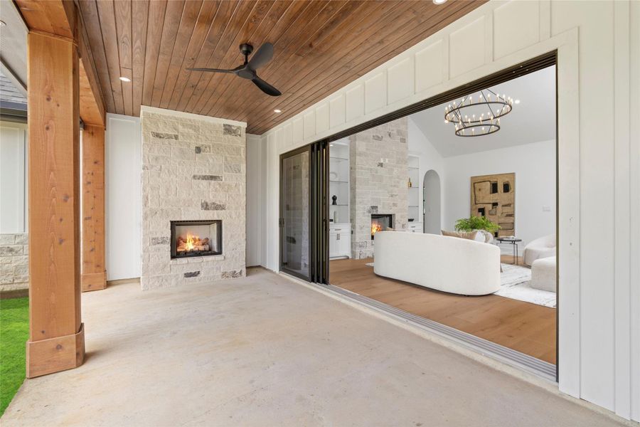 Cozy fireplace on the covered patio provides the perfect setting for relaxing, dining, and entertaining. Cozy fireplace on the covered patio provides the perfect setting for relaxing, dining, and entertaining.