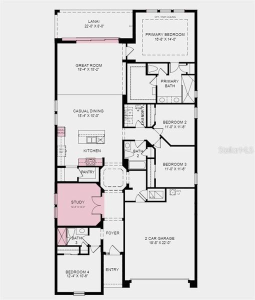 Floor Plan - Structural options added include: pocket sliding glass door at the great room, outdoor kitchen rough-in, study, walk-in shower in bathroom 3, and gourmet kitchen.