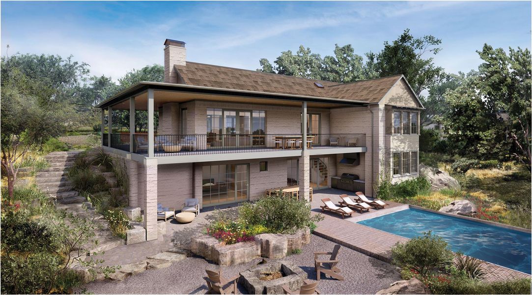 Back of property with a patio area, a balcony, stairway, a chimney, and a covered pool Back of property with a patio area, a balcony, stairway, a chimney, and a covered pool