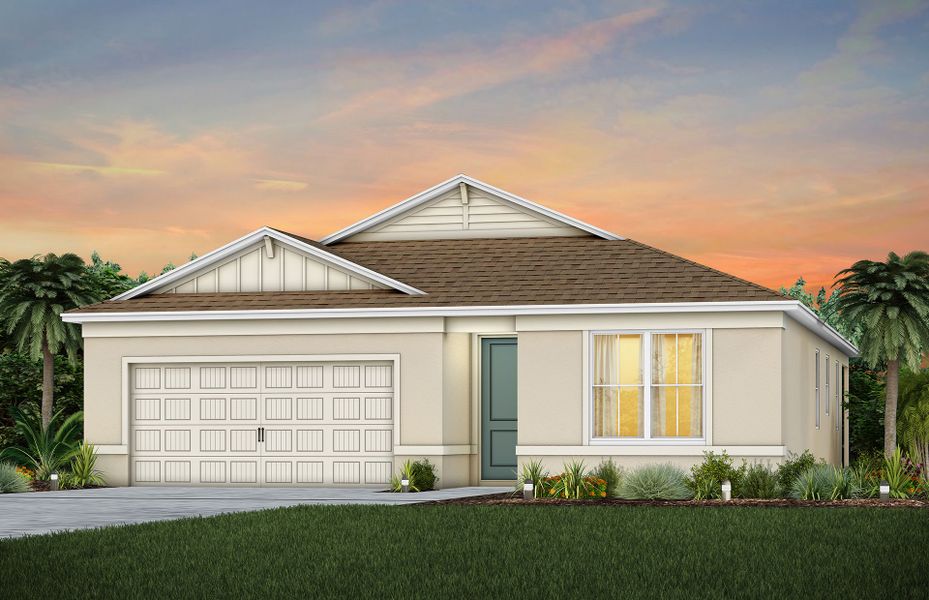 Front exterior of a new home in The Landings at Live Oak Lake, St. Cloud, FL, highlighting curb appeal (Image 1). Front exterior of a new home in The Landings at Live Oak Lake, St. Cloud, FL, highlighting curb appeal (Image 1).