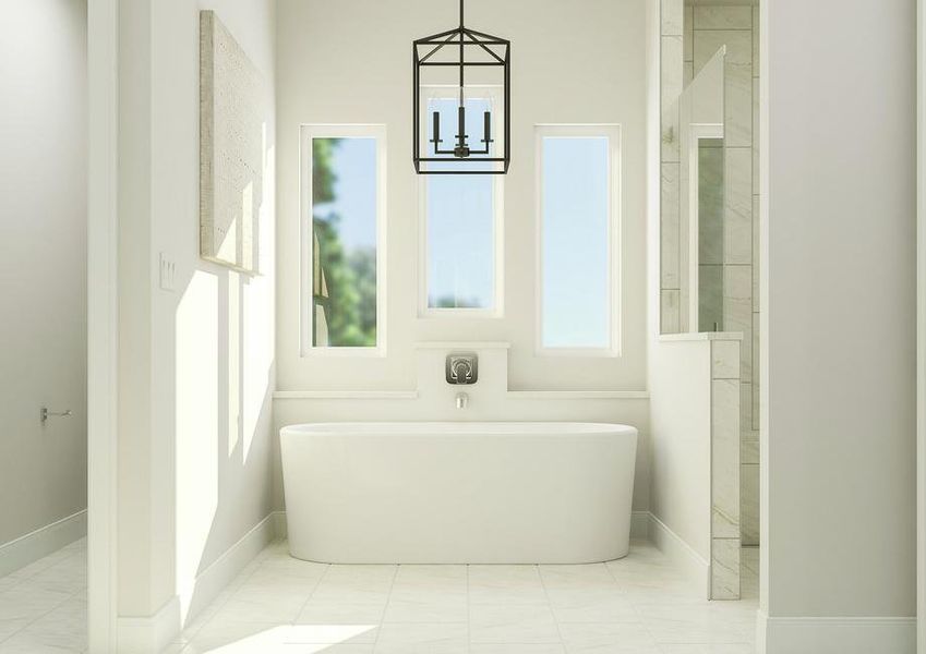 Rendering of the master bathroom showing
  a freestanding bath tub, shower and chandelier.