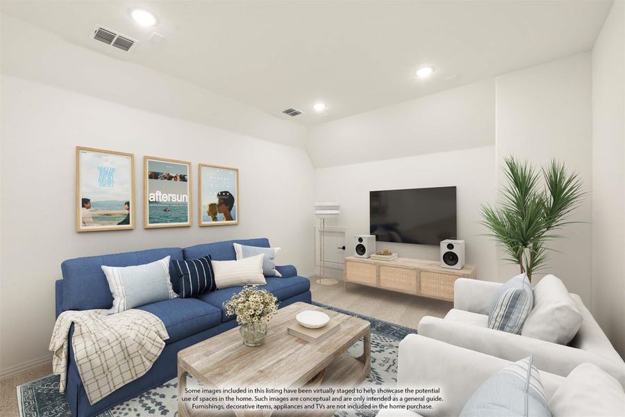 Living room with blue sofa, wall-mounted TV, wood media console, and framed art on white walls