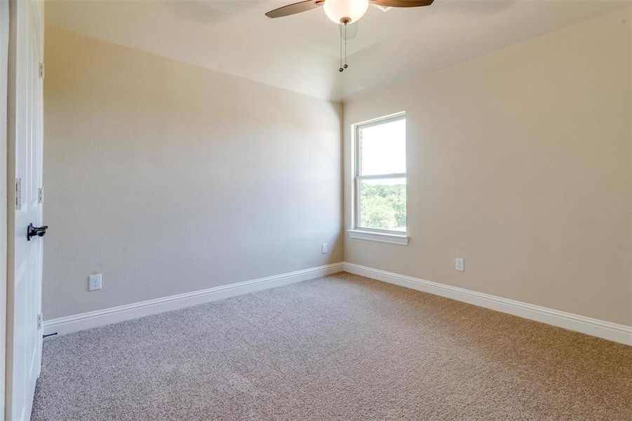 Unfurnished room featuring ceiling fan and light carpet