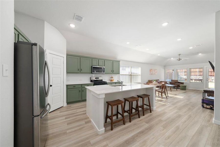 Kitchen featuring appliances with stainless steel finishes, ceiling fan, sink, lofted ceiling, and green cabinets