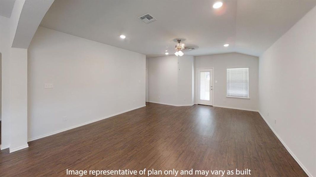 Spare room with recessed lighting, dark wood-type flooring, ceiling fan, lofted ceiling, and arched walkways Spare room with recessed lighting, dark wood-type flooring, ceiling fan, lofted ceiling, and arched walkways