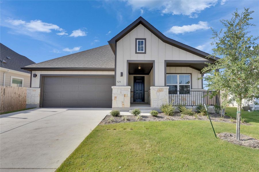 View of front of house with board and batten siding, a garage, covered porch, concrete driveway, and roof with shingles View of front of house with board and batten siding, a garage, covered porch, concrete driveway, and roof with shingles