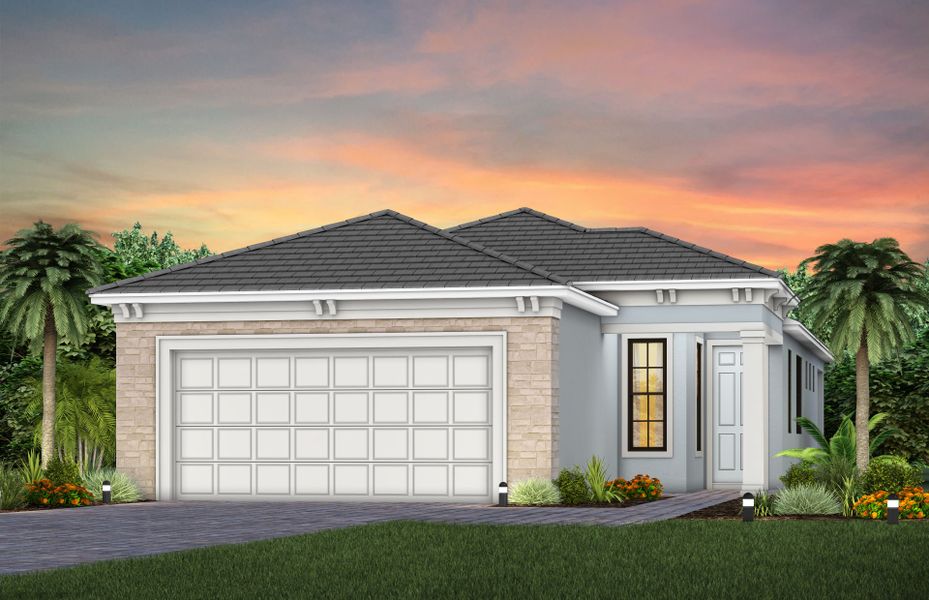 Representative exterior photo of a completed home built from the Flagstone by Del Webb in Del Webb Catalina, Lakewood Ranch, FL (Image 2). Representative exterior photo of a completed home built from the Flagstone by Del Webb in Del Webb Catalina, Lakewood Ranch, FL (Image 2).