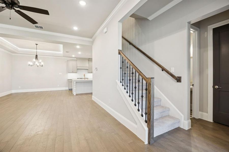 View of staircase from front door. View of staircase from front door.