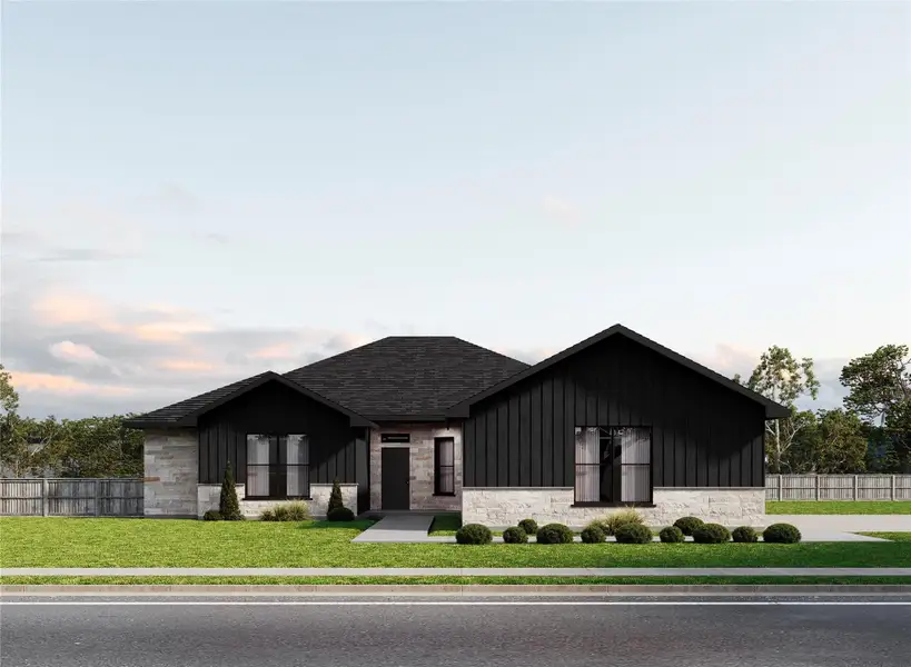 View of front of house with stone siding, fence, and a front lawn