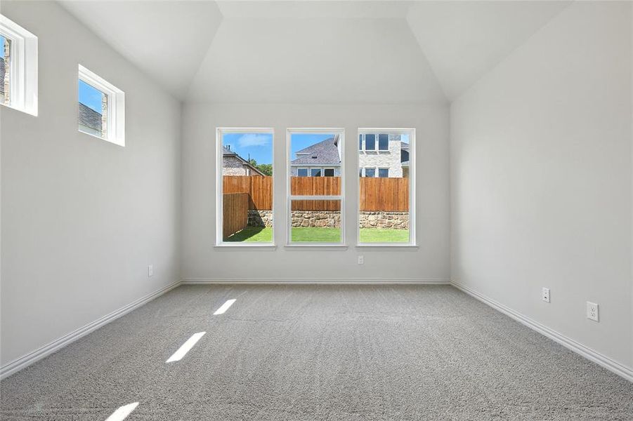 Unfurnished room featuring carpet floors and vaulted ceiling Unfurnished room featuring carpet floors and vaulted ceiling