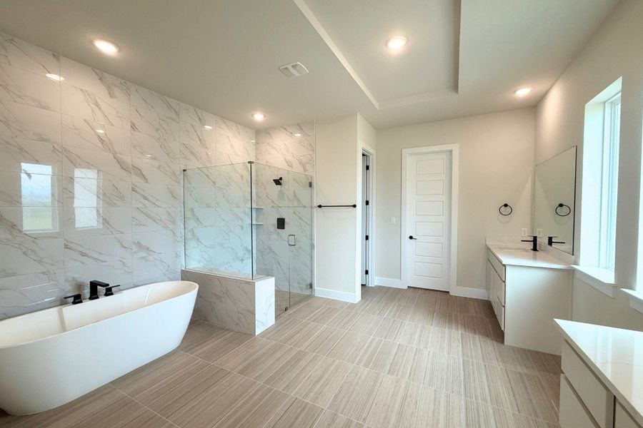 A bright bathroom with a spacious walk-in shower and elegant soaking tub. A bright bathroom with a spacious walk-in shower and elegant soaking tub.