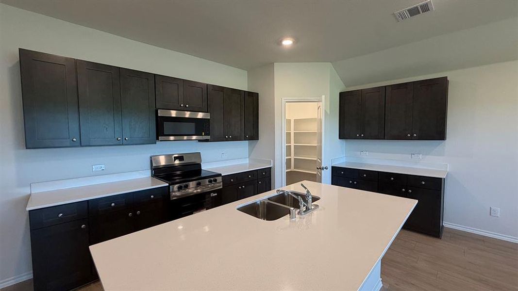 Contemporary kitchen featuring dark wood-finish cabinetry, stainless steel appliances, and a central island with a double basin sink