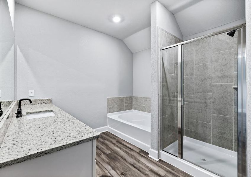 The master bathroom has a wonderful garden tub and walk-in, glass shower.