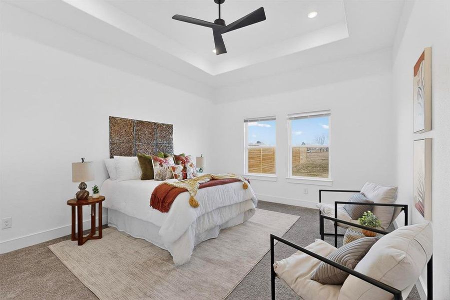 Carpeted bedroom with ceiling fan and a tray ceiling