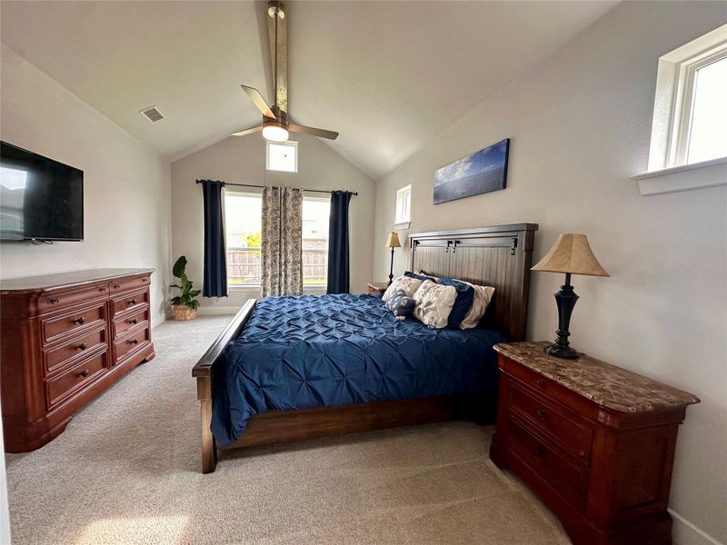 Extended owner's retreat featuring a cathedral ceiling and multiple windows for natural light.