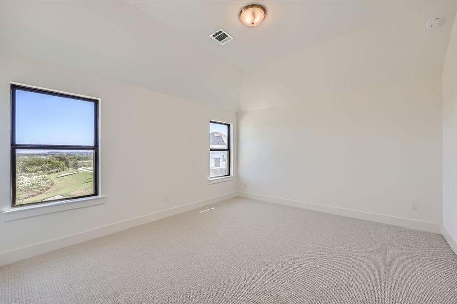 Empty room featuring carpet and vaulted ceiling