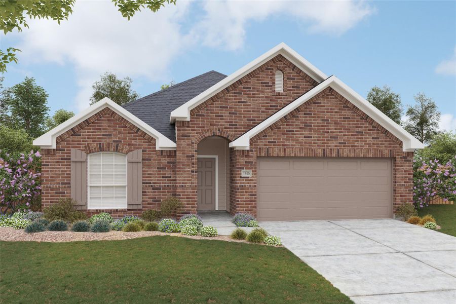 Front exterior of a new home in Creeks Crossing, Elgin, TX, highlighting curb appeal (Image 1). Front exterior of a new home in Creeks Crossing, Elgin, TX, highlighting curb appeal (Image 1).
