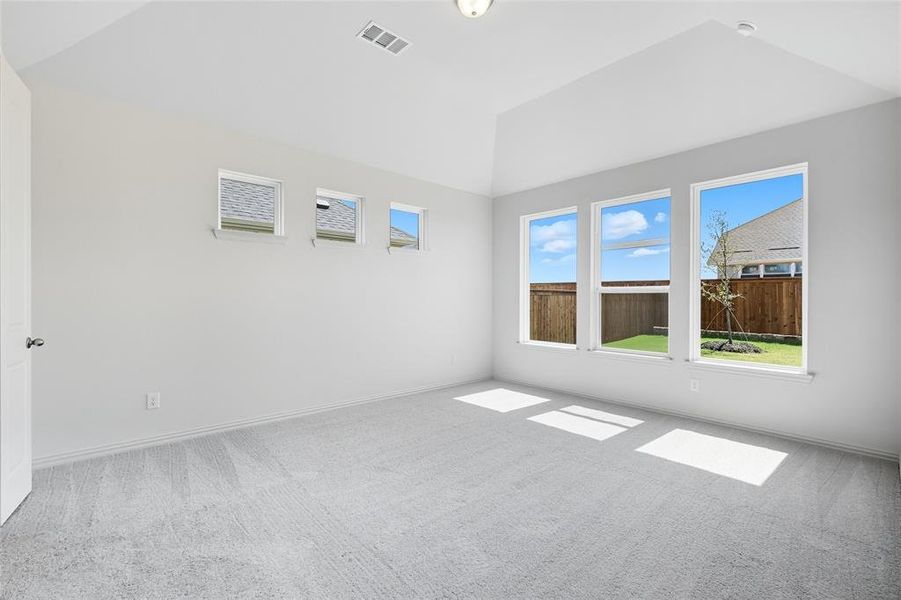 Carpeted spare room featuring baseboards and lofted ceiling Carpeted spare room featuring baseboards and lofted ceiling