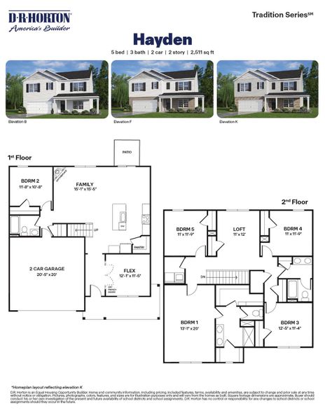 2D floor plan layout for the Hayden by D.R. Horton in Anderson Farm, Wendell, NC (Image 3).